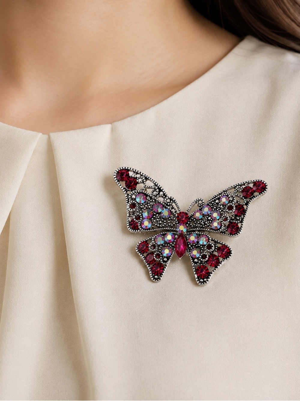 Vintage Silver Tone Butterfly Brooch Red Aurora Borealis Rhinestone Pin